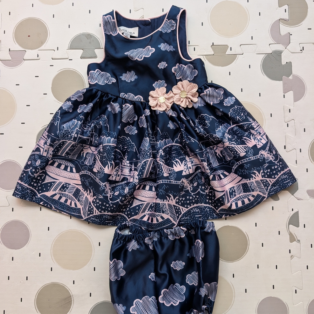 Pippa & Julie Navy and Pink Baby Dress with Bloomers